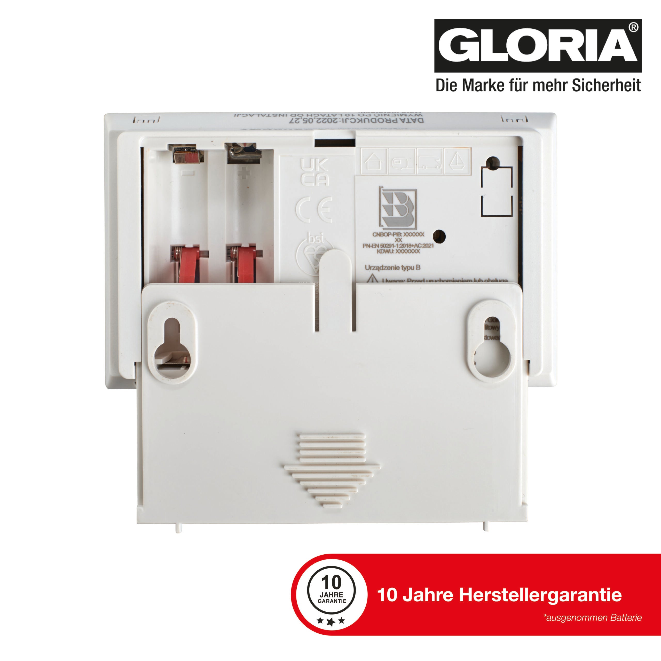 GLORIA Kohlenmonoxidmelder KO2D mit 10 Jahren Garantie, wechselbaren AA Batterien