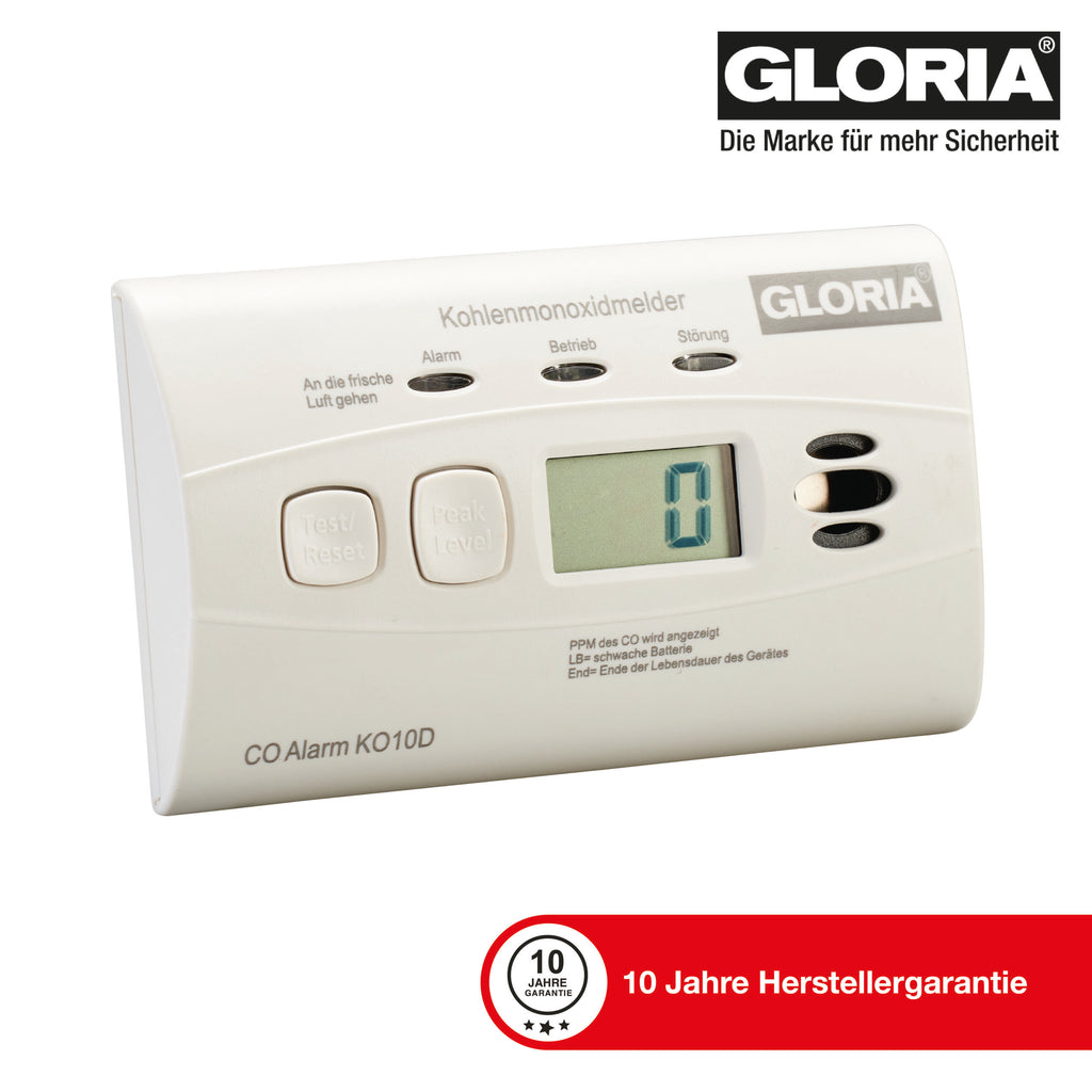 GLORIA K10D Kohlenmonoxidmelder CO Melder mit Display u. 10-Jahres Batterie