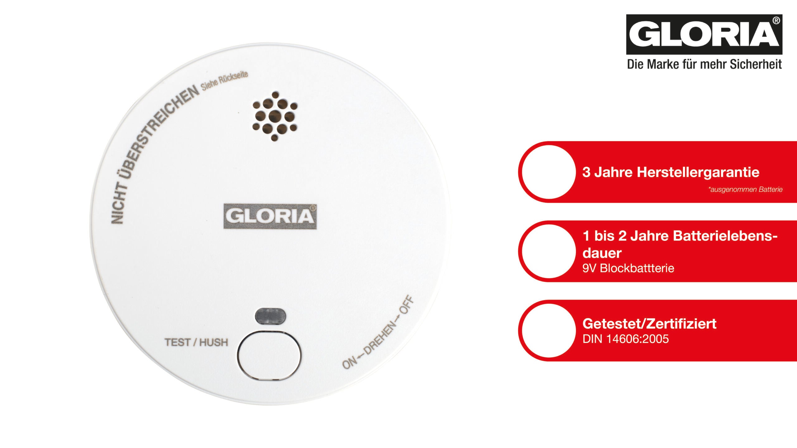 GLORIA R-1 Rauchwarnmelder m. wechselbarer 9V-Blockbatterie, Rauchmelder EN14604