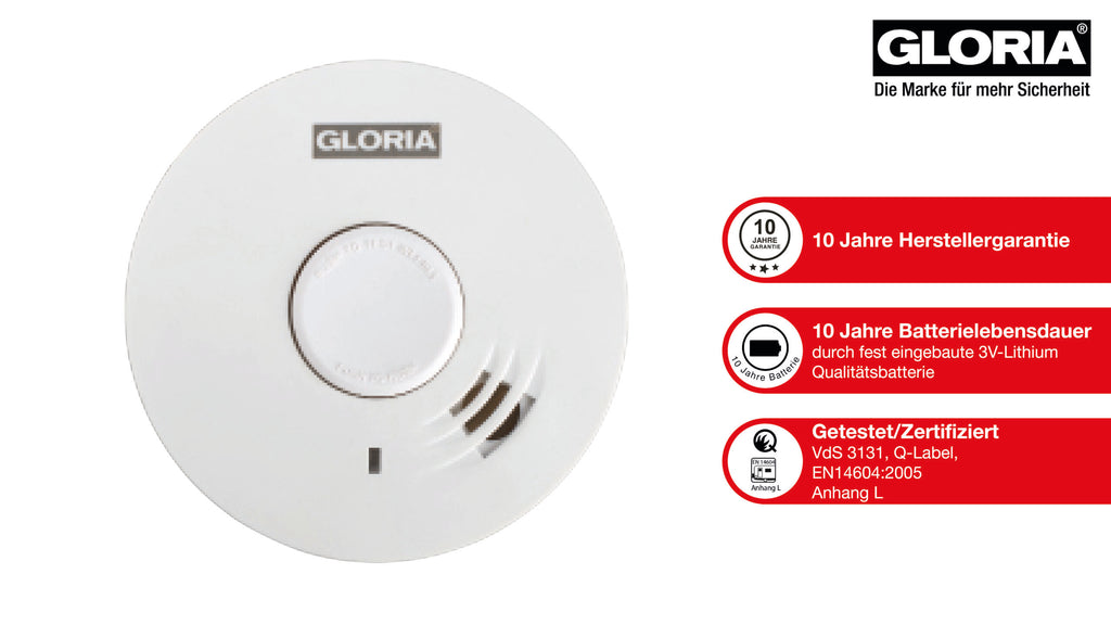 GLORIA R-10 Rauchwarnmelder mit 10- Jahres Lithium Batterie, Rauchmelder