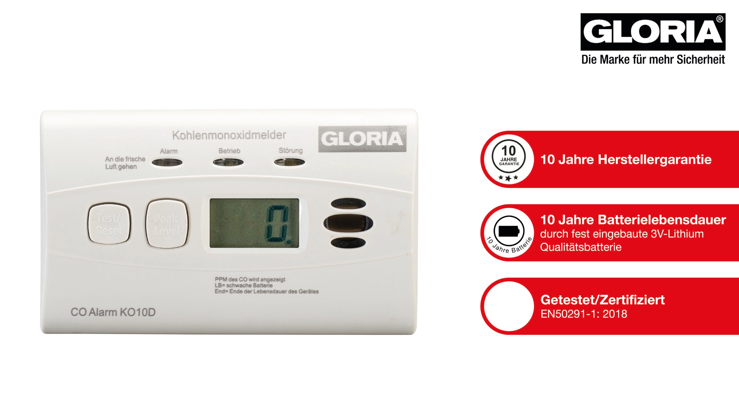 GLORIA K10D Kohlenmonoxidmelder CO Melder mit Display u. 10-Jahres Batterie